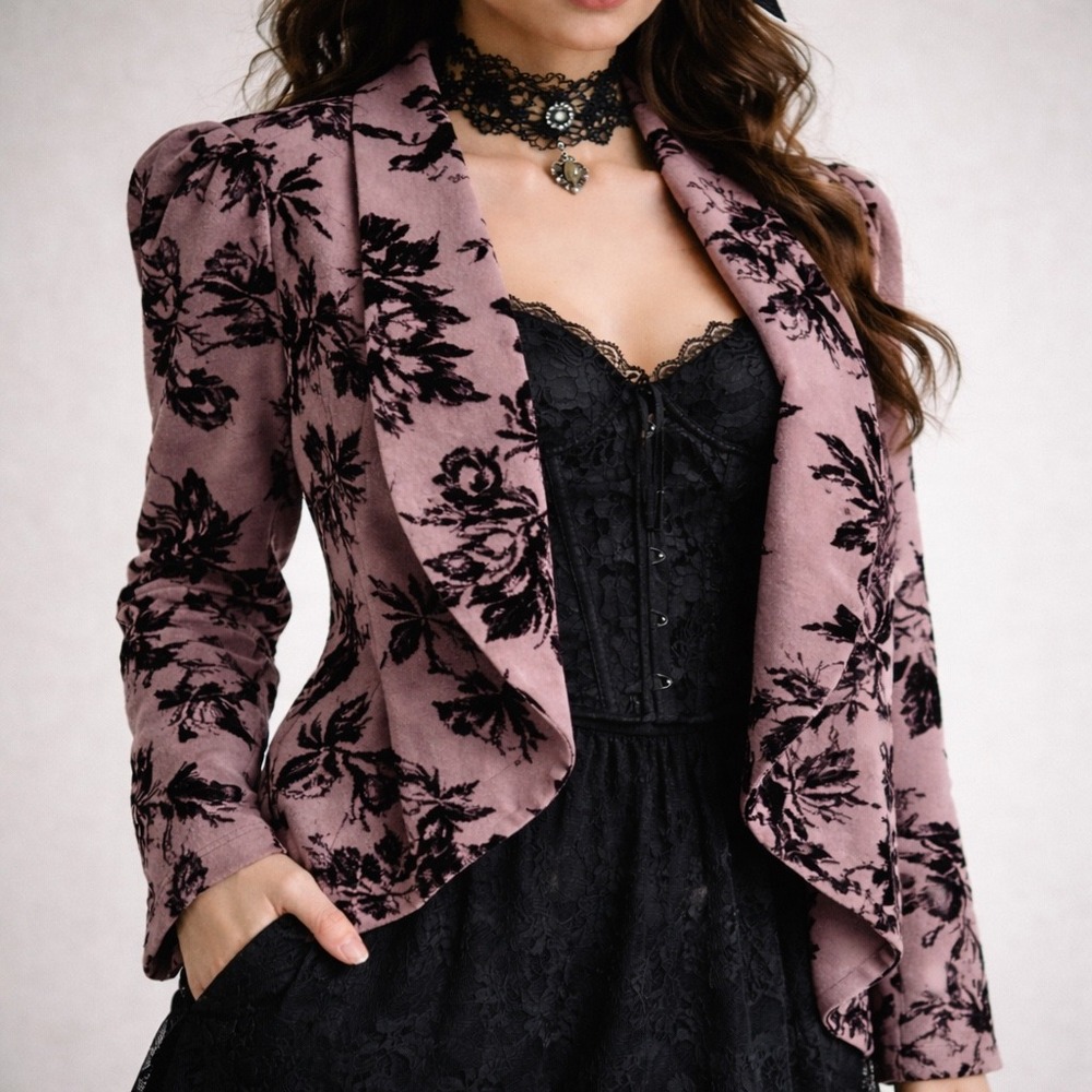 Floral Velvet Blazer - Pink and Black
